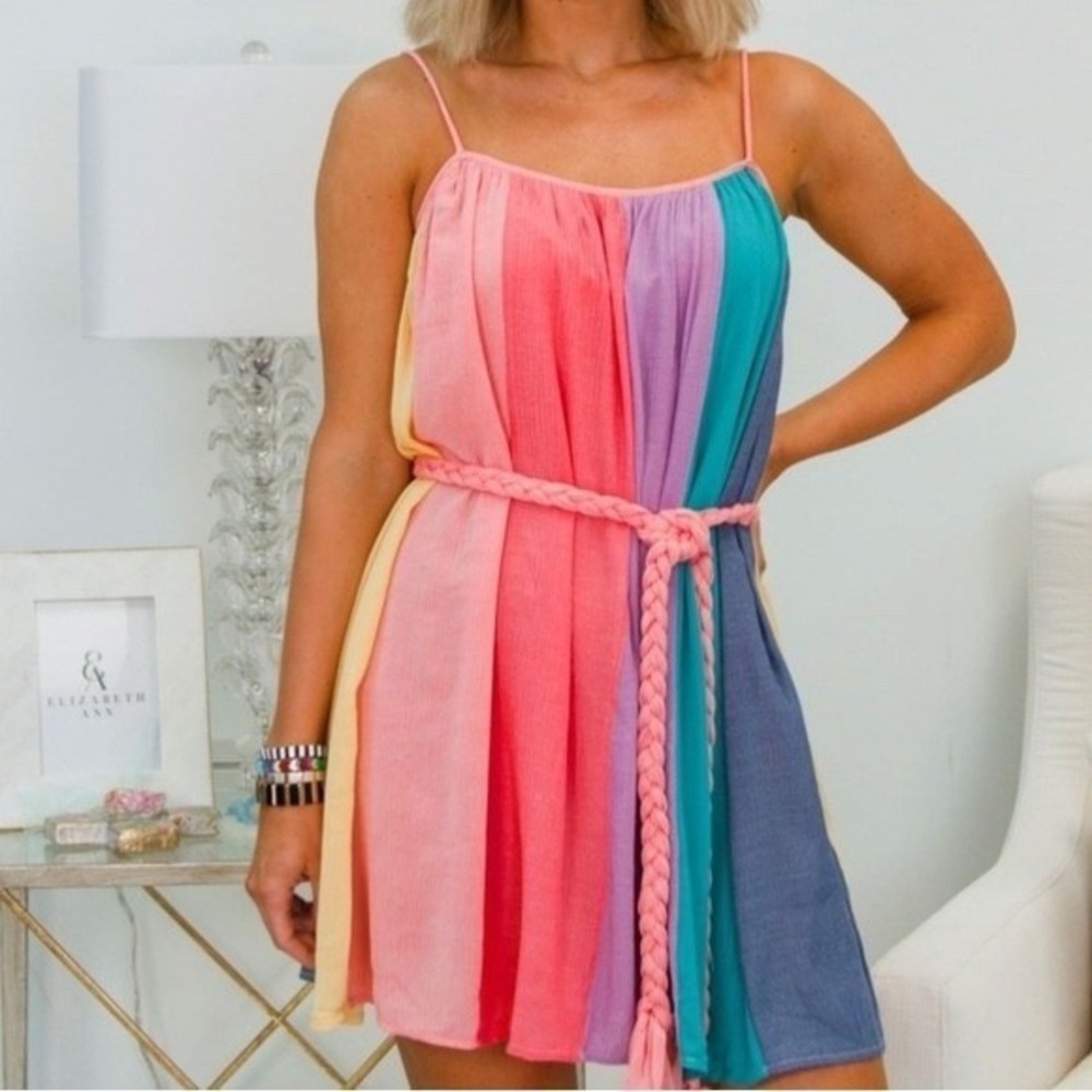 Storia Rainbow Spaghetti Straps Sun Dress Women Sz L Multcolor Striped‎ Belted